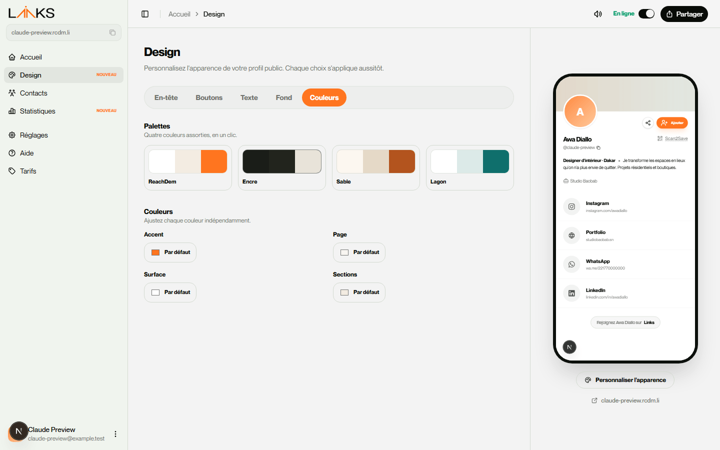 L'onglet Couleurs du panneau Design, avec quatre palettes et quatre sélecteurs de couleur