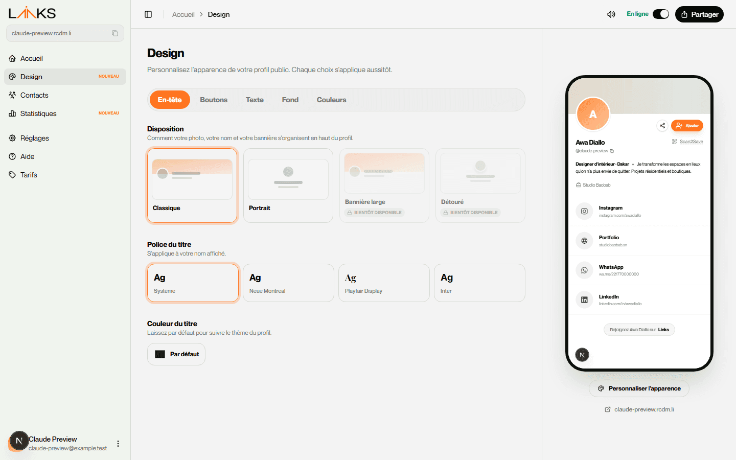 Le panneau Design de Links, onglet En-tête, avec l'aperçu du profil sur la droite