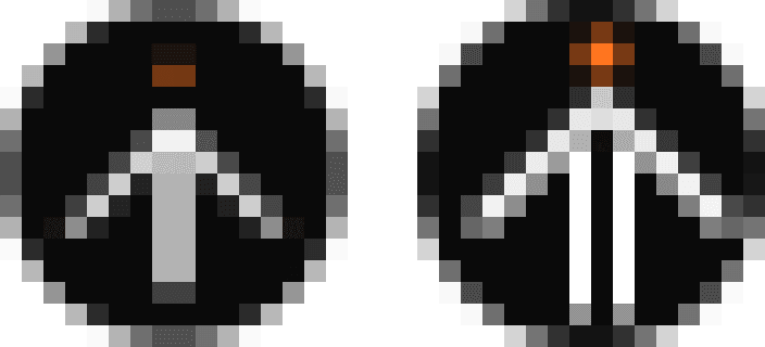 Deux rendus de la marque à seize pixels, agrandis : à gauche les montants fusionnent en une barre grise, à droite ils restent deux