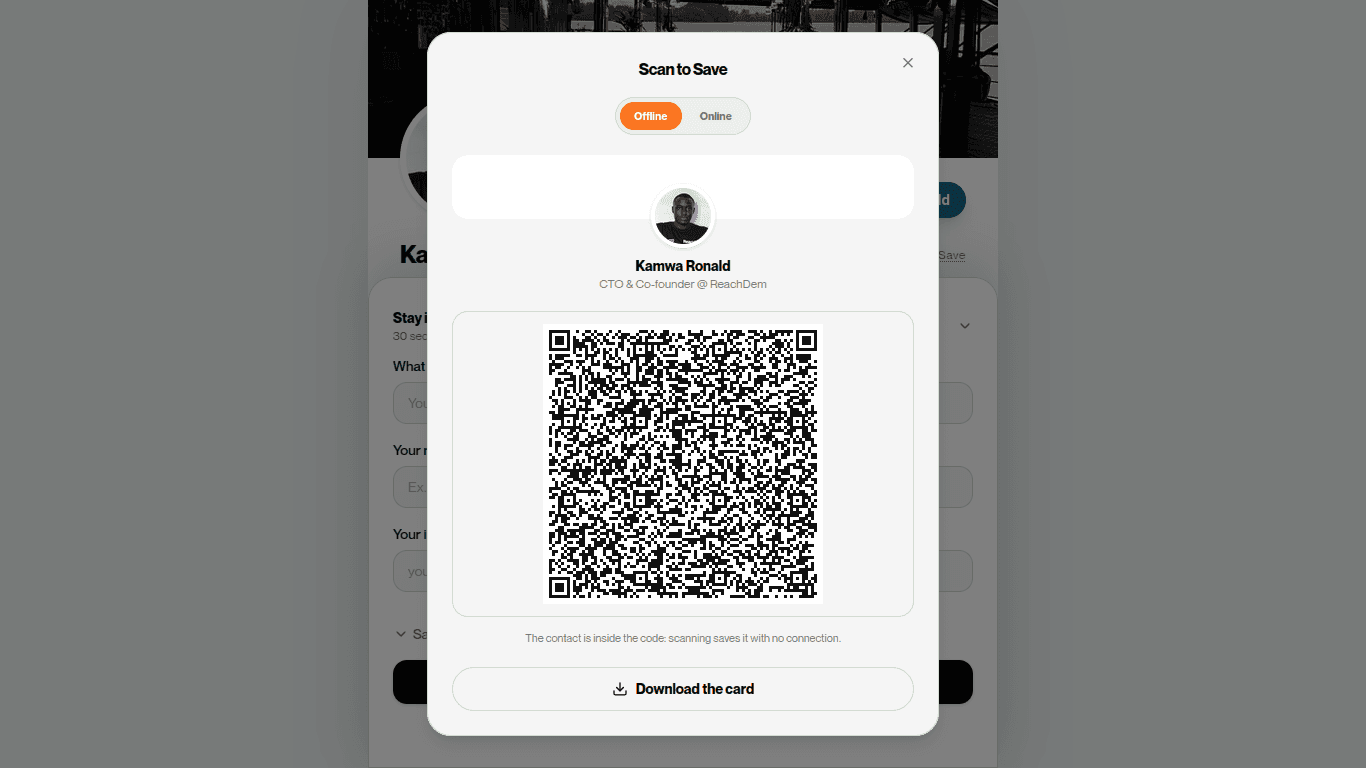 La fenêtre Scan to Save, avec le sélecteur hors ligne / en ligne et le code QR
